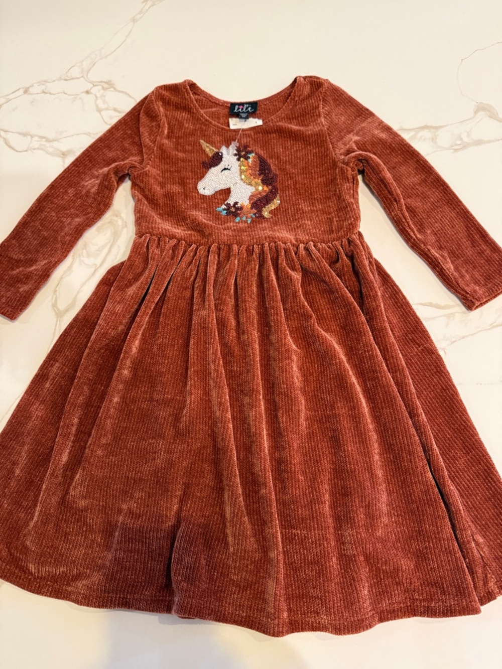 lilt Girls Rust Orange Corduroy Dress with Sequin Unicorn